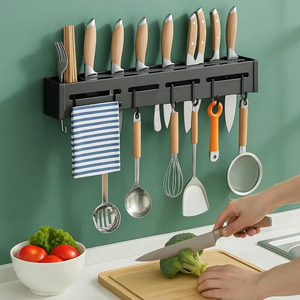 Kitchen Shelf Advanced Non Rust Stainless Steel Alloy Wall Mount Knife Holder, Towel Hanger, Cutlery Holder Storage Rack High Grade Metal Multi-Purpose (40 x 5.5 x 7cm)